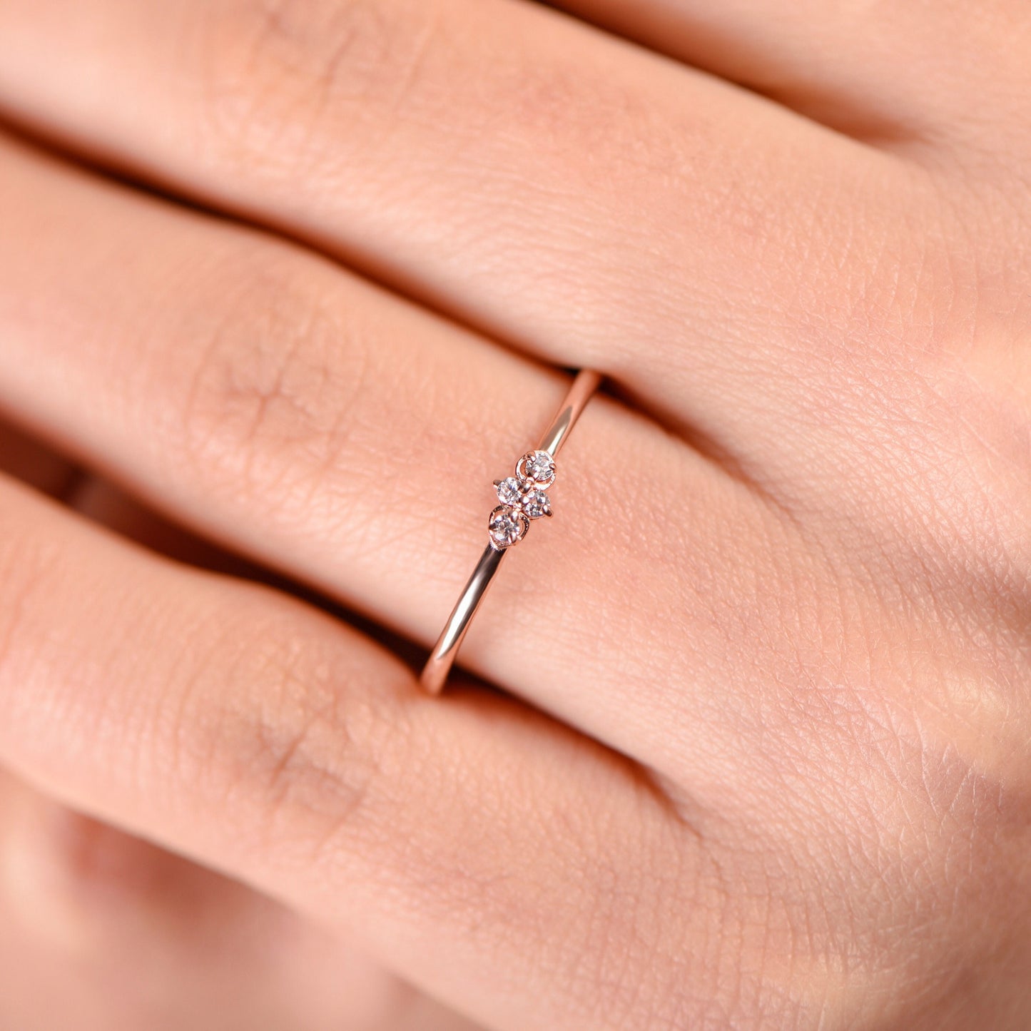 14K Rose Gold Minimalist Diamond Ring, Dainty Thin Band with Four Round Cut Diamonds, Everyday Fine Jewelry for Her