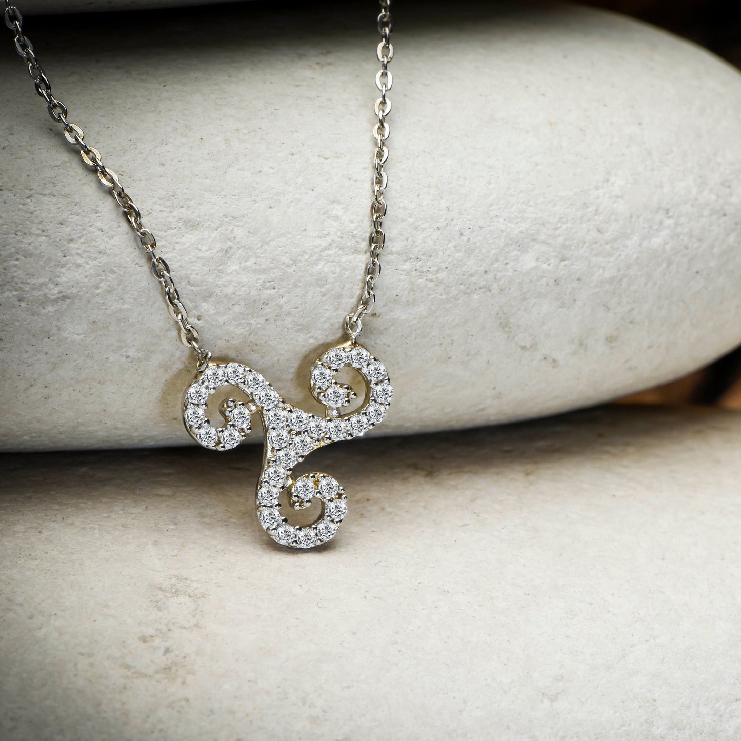 Diamond Triskelion Necklace,Real Gold Triple Spiral Necklace,Triskel Necklace,Birthday Gift,Minimal Diamond Necklace, Gift For Mom