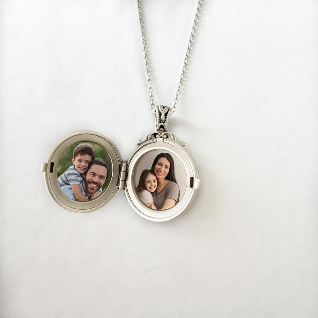 Round Locket Necklace with Engraved Floral Motif – Custom Photo Pendant in Silver or Gold, Double-Sided Memory Keepsake Gift