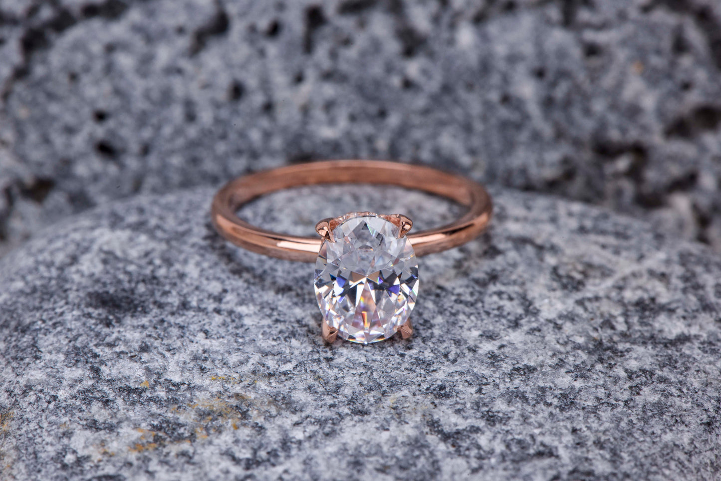 Oval Moissanite Engagement Ring – 2.00ct, 14K Rose Gold, Handmade Solitaire Ring with Accent Stones