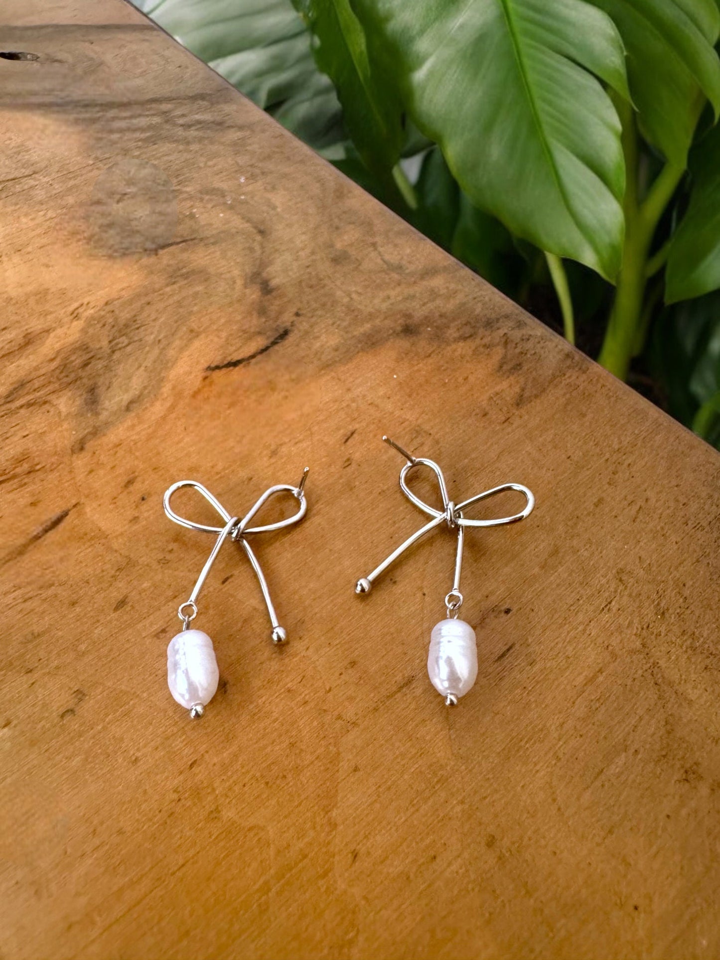 Ribbon Pearl Earrings, Solid Gold Ribbon Pearl Earrings, Pendant Pearl Earrings, Bridal Gift Ribbon Pearl Earrings, Christmas Gift Earrings