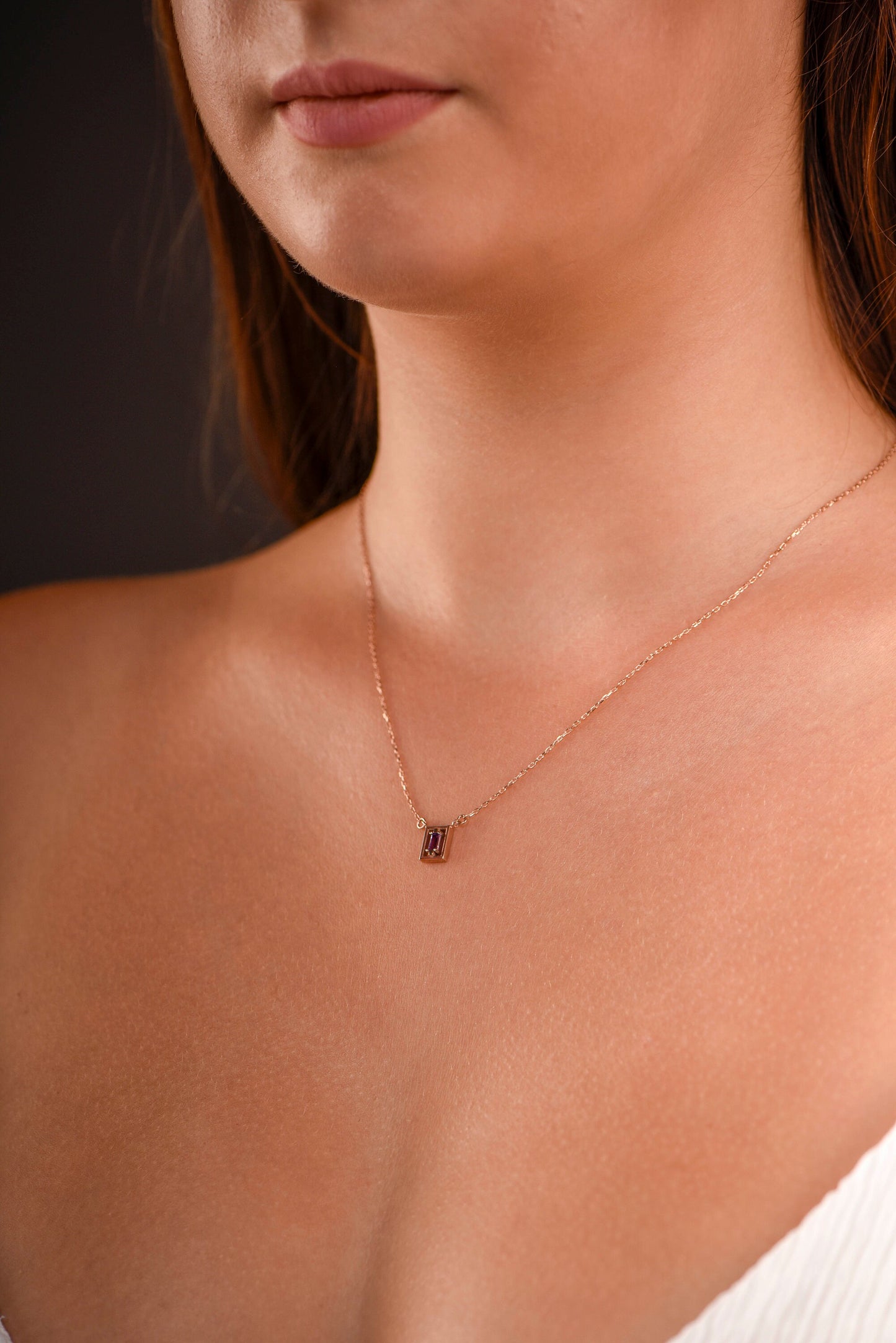 Rectangular Frame Gemstone Necklace in 14K or 8K Gold - Minimalist Baguette amethyst,Pendant Gift for Her