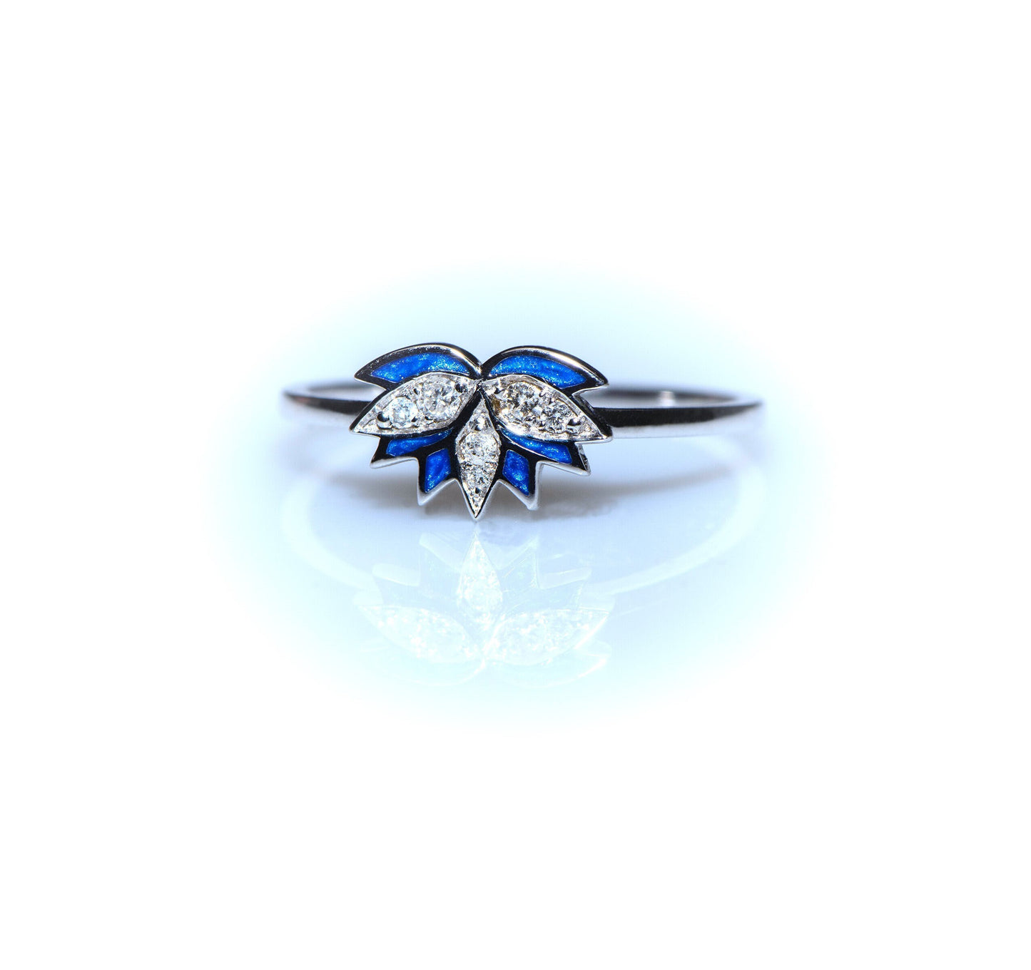 14K Gold Lotus Flower Diamond Ring with Blue Enamel, Delicate Nature Inspired Minimalist Design