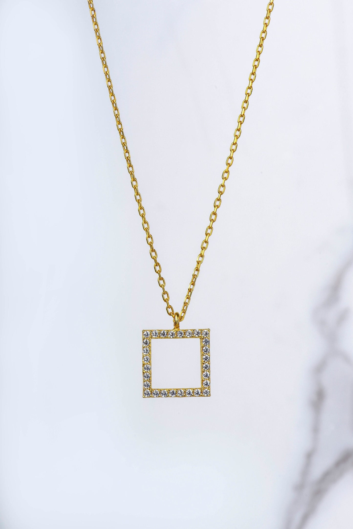 Solid Gold Square Diamond Necklace - Dazzling Statement Piece-Solid Gold Diamond Necklace- Gift for Mom
