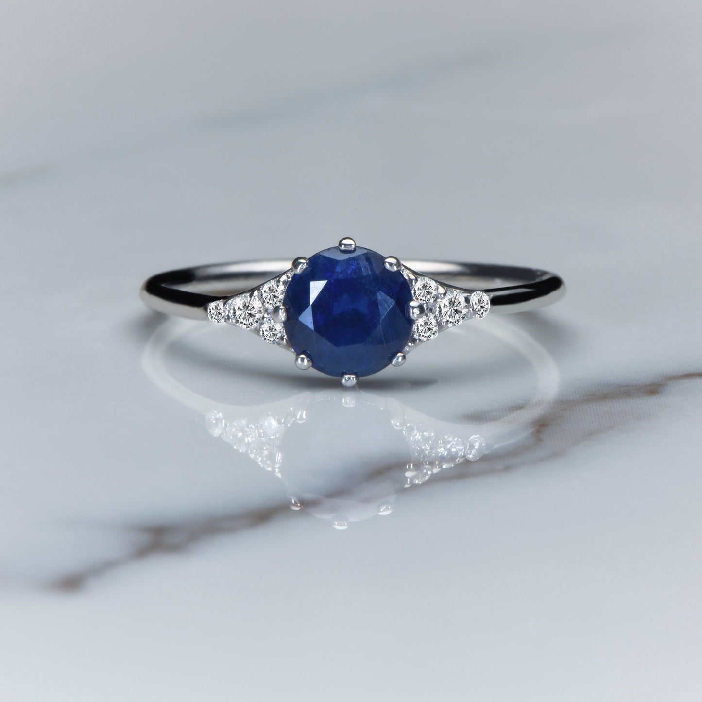 Natural Sapphire and Diamond Ring in 14k White Gold – Classic Blue Engagement or Mother’s Day Gift