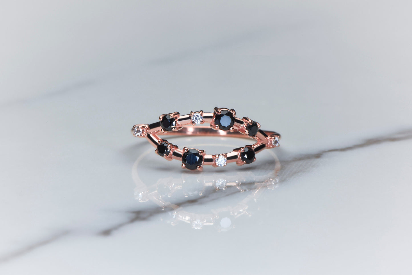 14K Solid Rose Gold Ring with Black and White Diamonds – Unique Modern Stacking Band