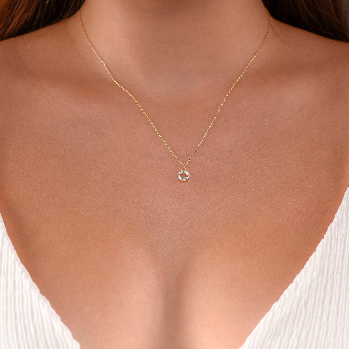 14K Yellow Gold White Sapphire Circle Necklace - Marquise Cut Gemstone Pendant for Women