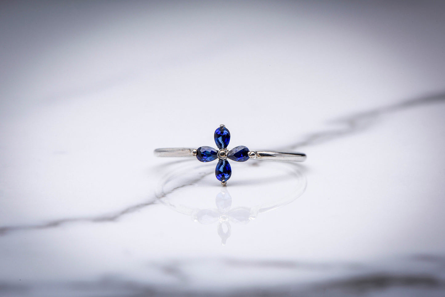 Dainty Sapphire Flower Ring in 14k 8k Gold, Teardrop Cut Blue Gemstone, Delicate Floral Fine Jewelry