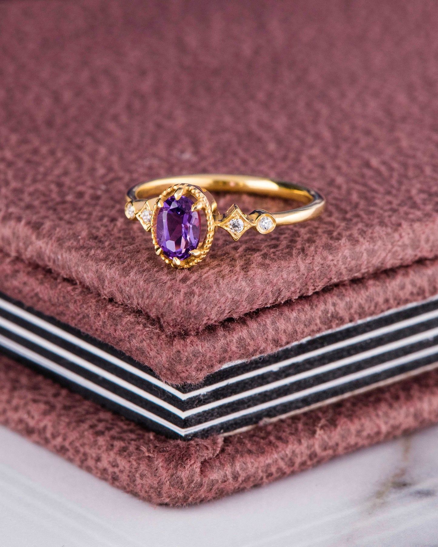 Oval Amethyst and Diamond Ring in 14k Gold – February Birthstone Engagement or Mother’s Day Gift