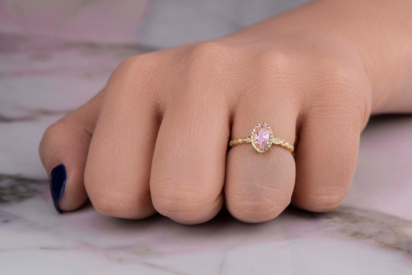 Marquise Pink Tourmaline and Diamond Ring in 14k Gold – Vintage Engagement or Mother’s Day Ring