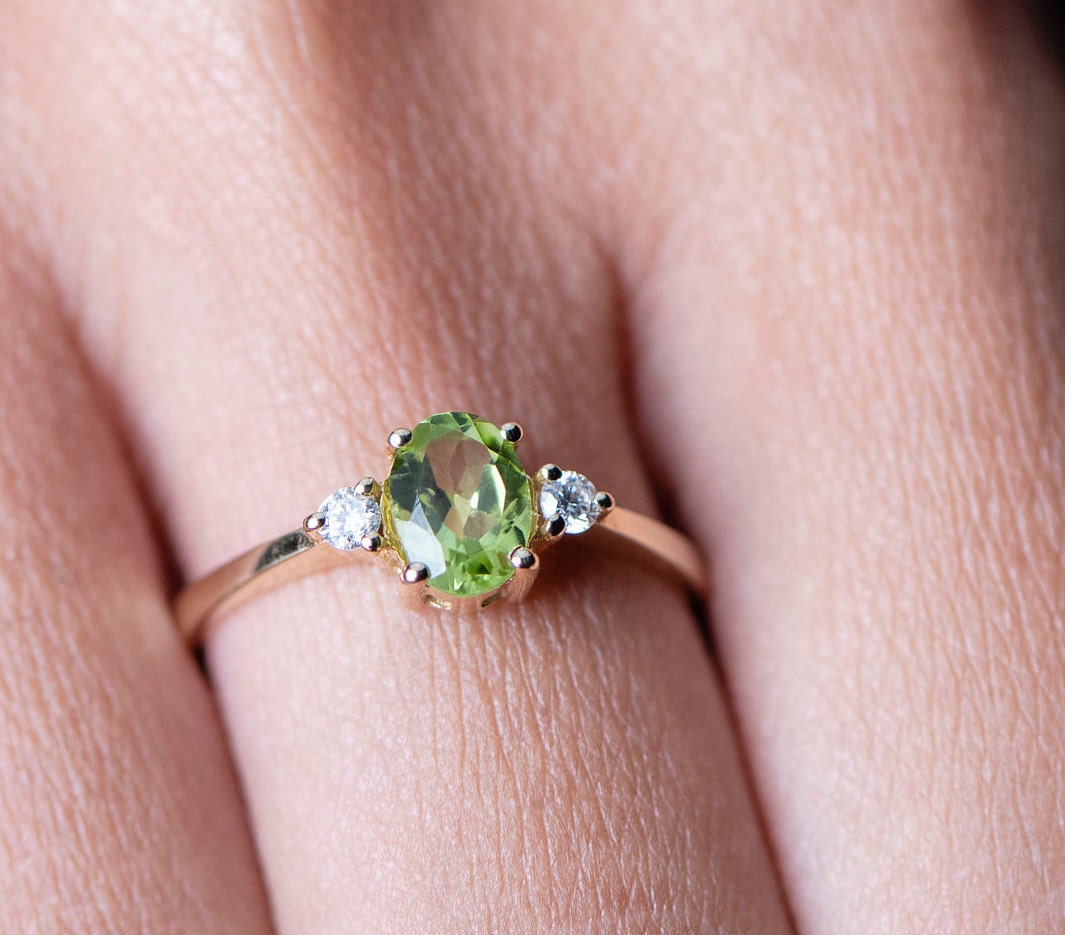 Oval Peridot and Diamond Ring in 14k Gold – August Birthstone Engagement or Gift Ring