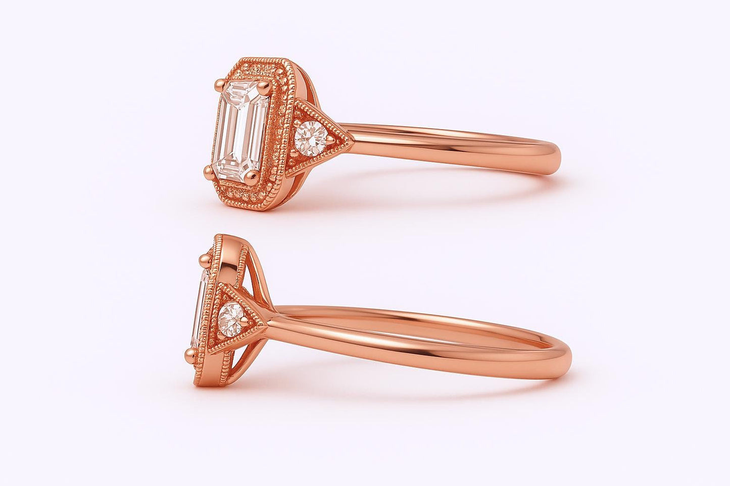 Emerald Cut Moissanite Ring – 14K Rose Gold, Vintage Style, GIA Certified, Conflict-Free Diamonds, Handmade Ring