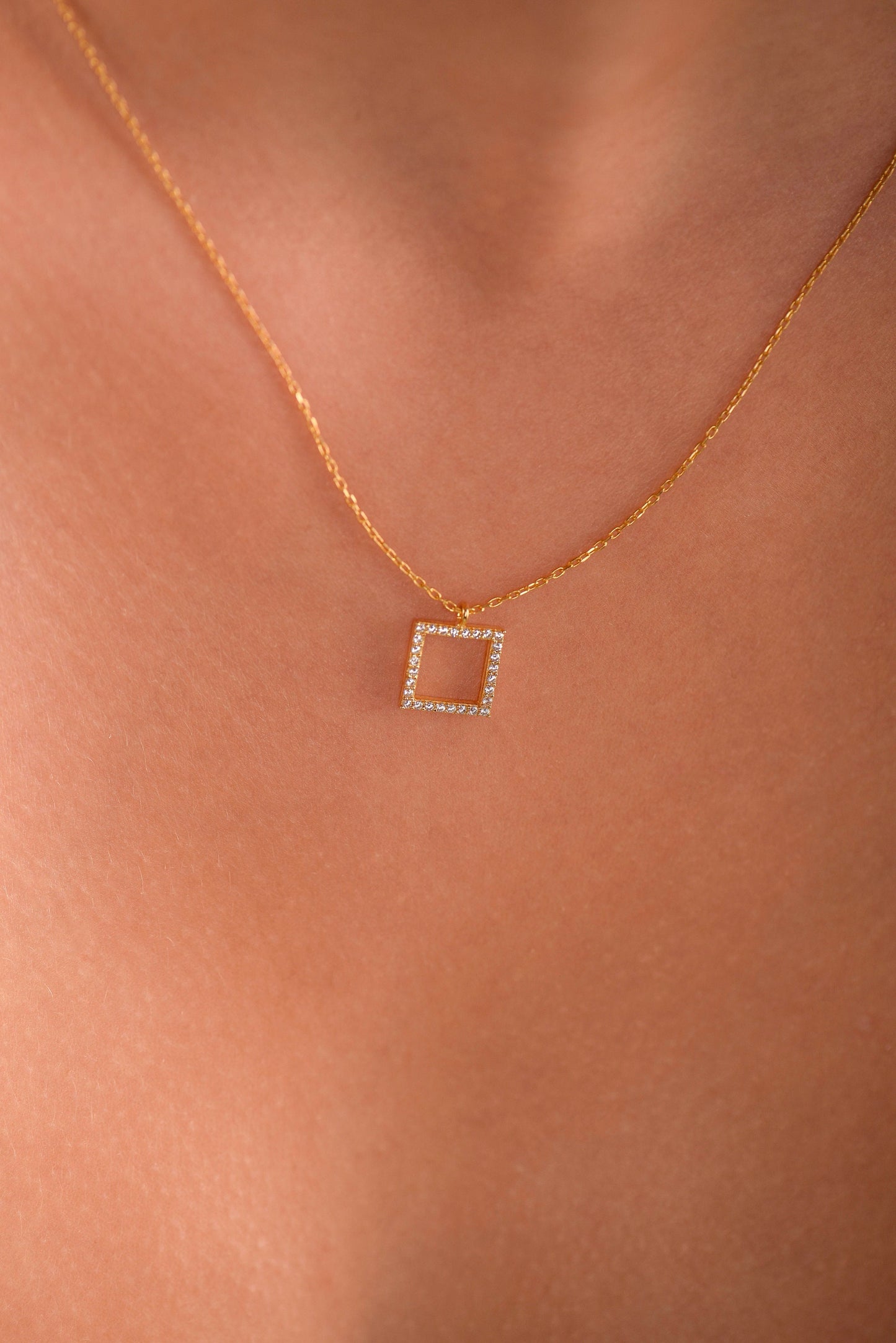 Solid Gold Square Diamond Necklace - Dazzling Statement Piece-Solid Gold Diamond Necklace- Gift for Mom