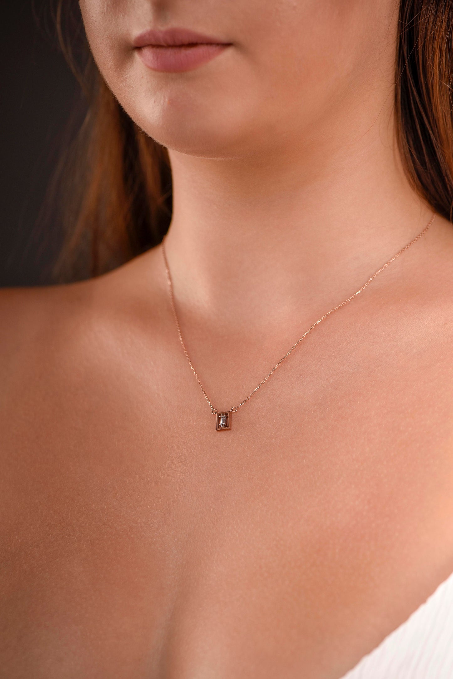 14K Solid Gold Baguette Stone Necklace,Baguette Stone Necklace,Framed Gold Necklace,Customizable Baguette Necklace, Gift For Mom