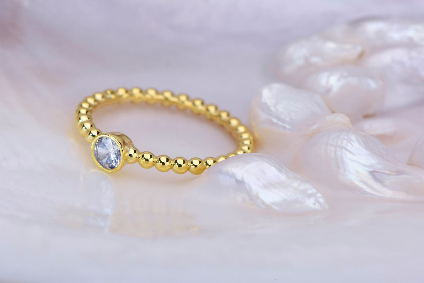 14K Gold Minimal Beaded Ring with 0.10ct Diamond – Dainty Solitaire Ball Band Ring