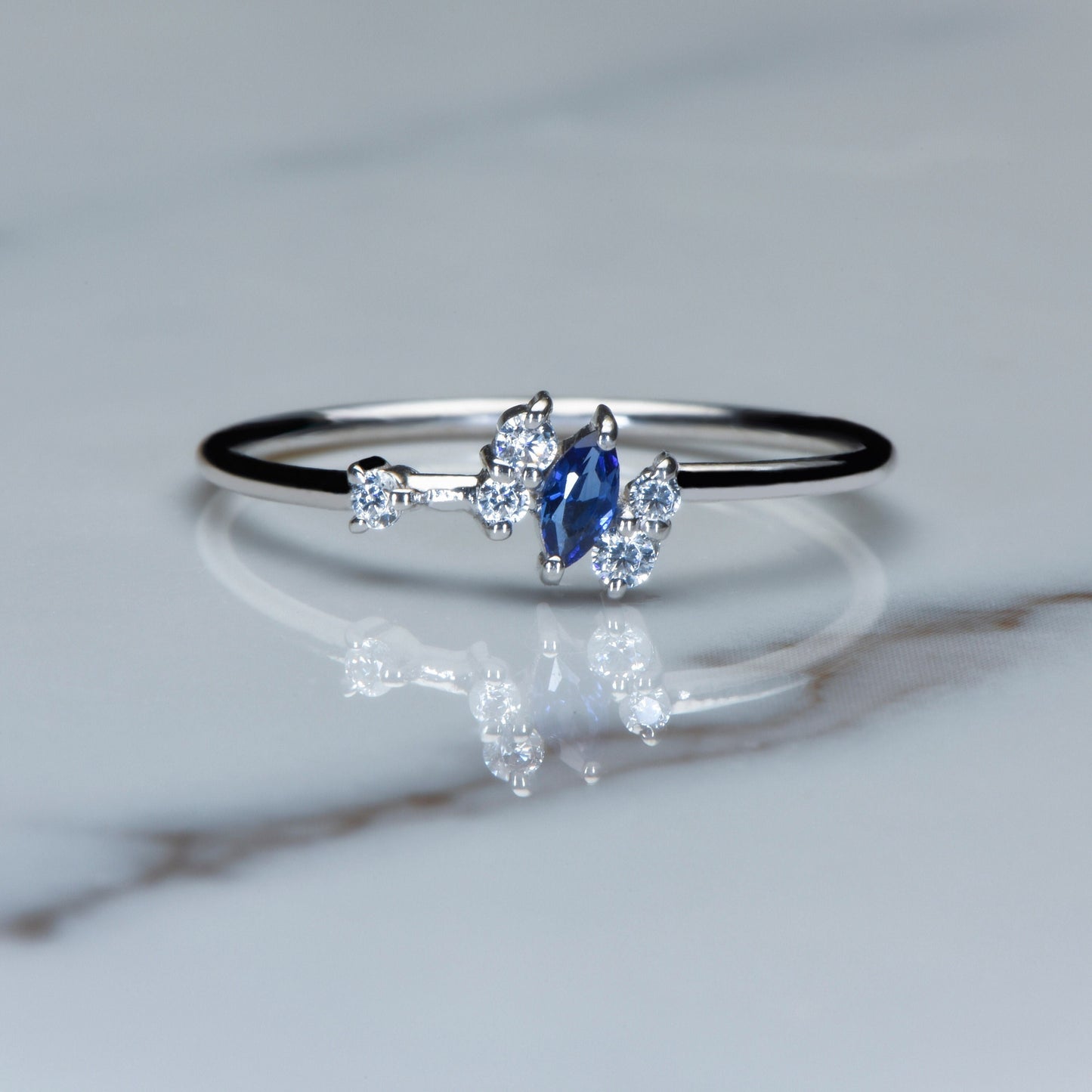 Marquise Sapphire Ring – 14K White Gold | Diamond Accent Band | Minimalist Birthstone Ring | Mother’s Day Gift