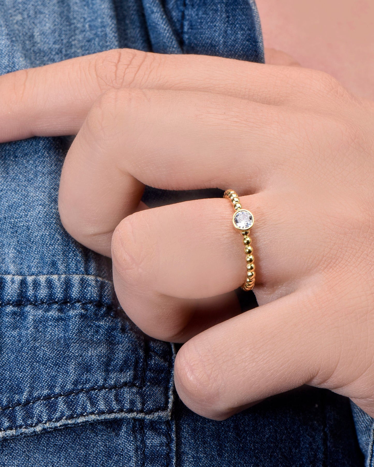 14K Gold Minimal Beaded Ring with 0.10ct Diamond – Dainty Solitaire Ball Band Ring