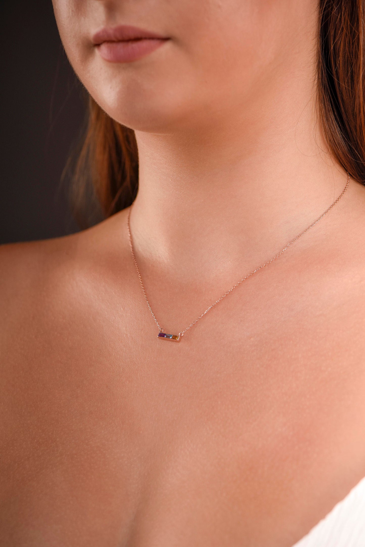 14K Yellow Gold Baguette Amethyst, Aquamarine, Citrine Necklace - Modern Triple Gemstone Bar Pendant