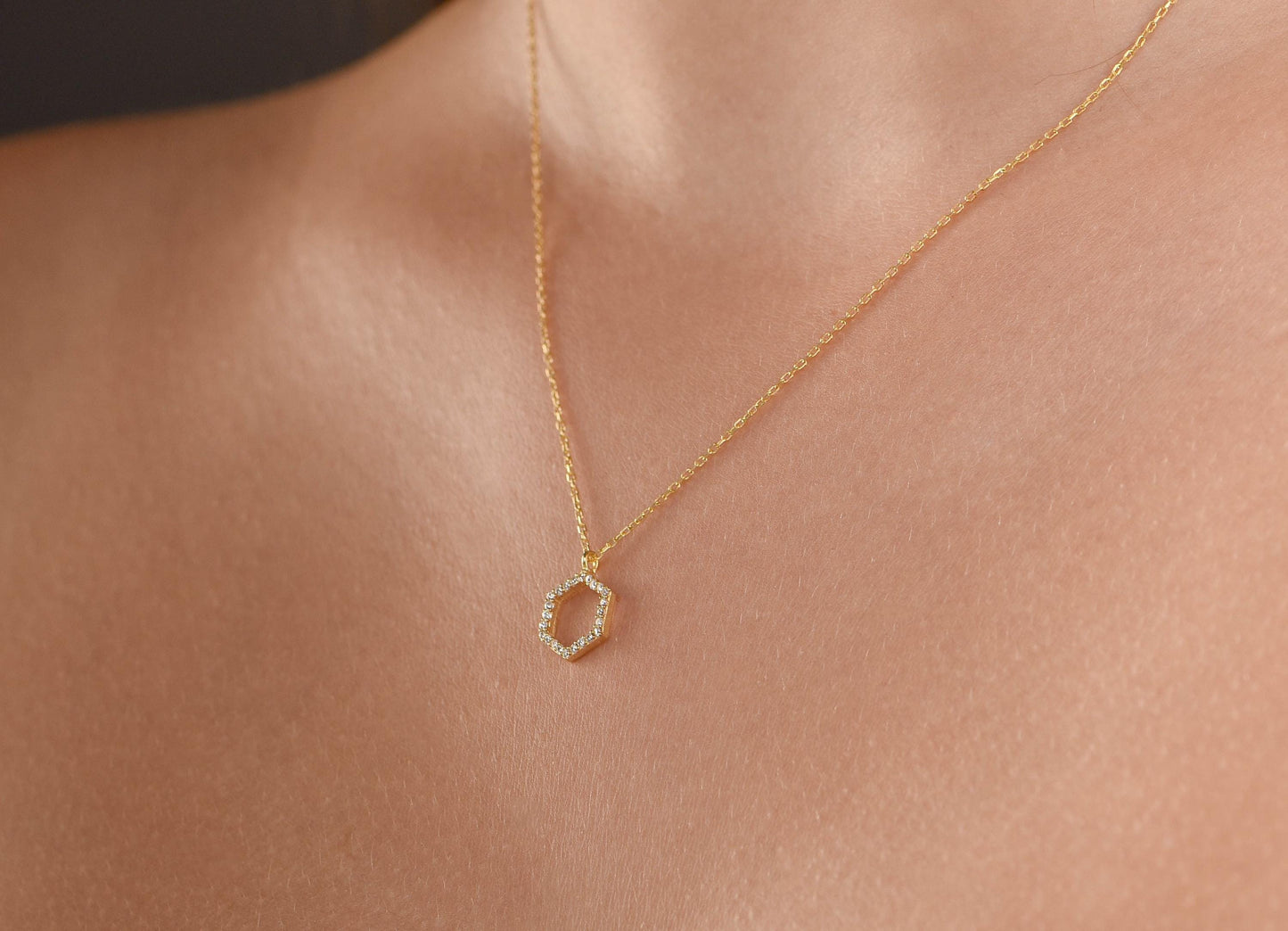 14K Yellow Gold Hexagon Diamond Necklace - Geometric Minimalist Pendant Gift for Her
