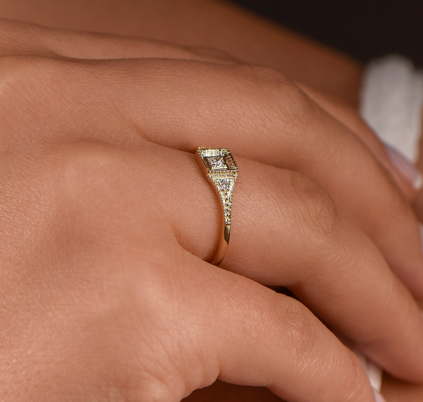 Vintage Style Diamond Engagement Ring in 14K Gold, Square Bezel Set Ring with Accent Stones, Elegant Thin Band Ring