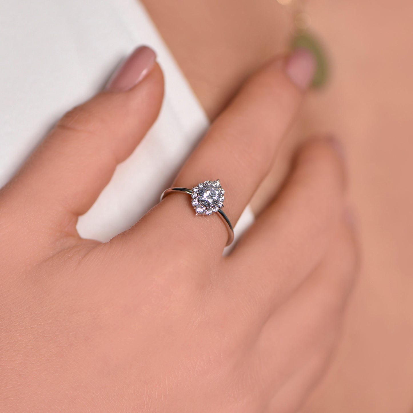 Halo Diamond Engagement Ring – 14K White Gold, 1.10ct, Customizable Stone, Handmade Dainty Ring