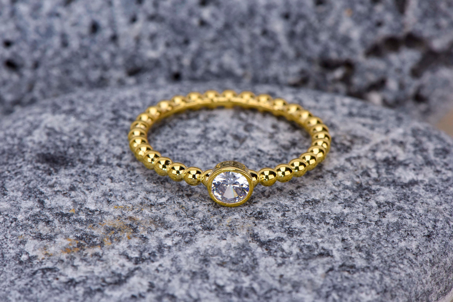 14K Gold Minimal Beaded Ring with 0.10ct Diamond – Dainty Solitaire Ball Band Ring