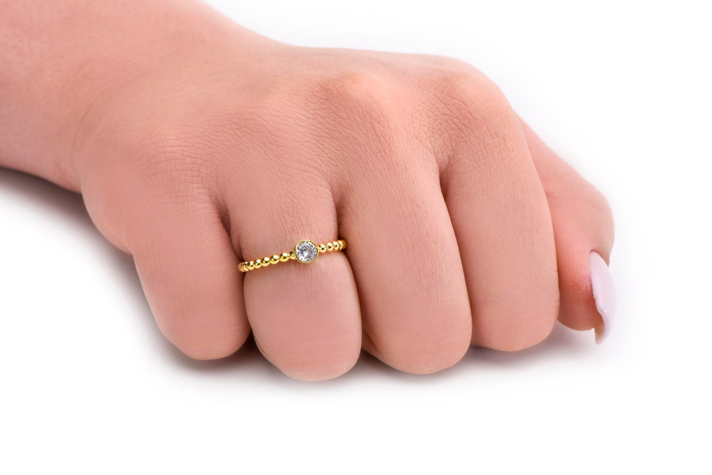 14K Gold Minimal Beaded Ring with 0.10ct Diamond – Dainty Solitaire Ball Band Ring