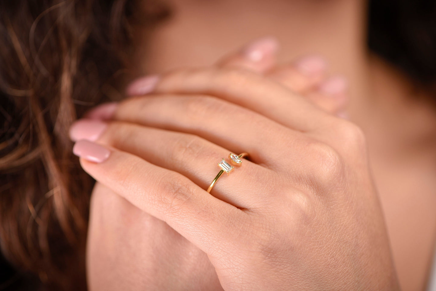 14K Solid Gold Open Ring with Marquise & Baguette Diamond – Minimalist Statement Ring