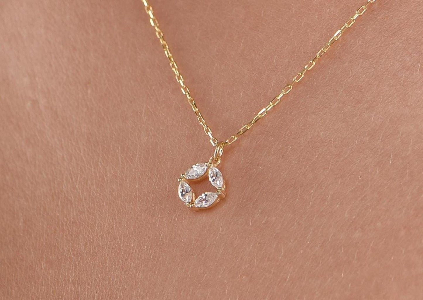 14K Yellow Gold White Sapphire Circle Necklace - Marquise Cut Gemstone Pendant for Women
