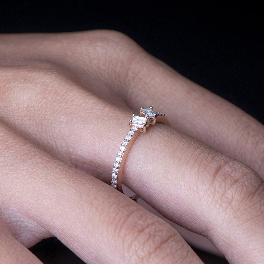 14K White Gold Baguette Diamond Ring with Round Accents, Dainty Thin Band Engagement or Gift Ring for Her