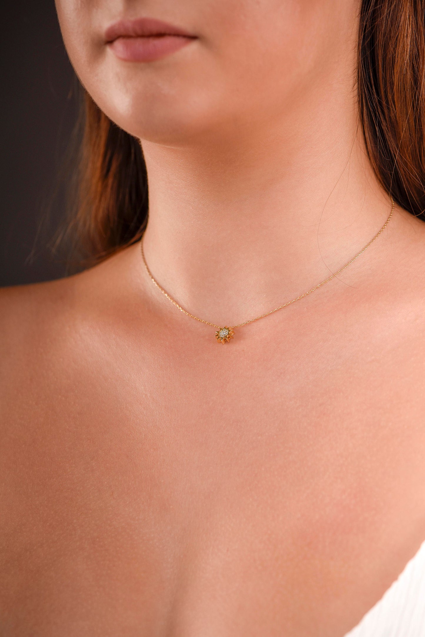 Solid Gold Sun Necklace, Minimalist Gold Necklace, Diamond Gold Necklace, Minimalist Sun Necklace, Planet Necklace, Gift For Mom