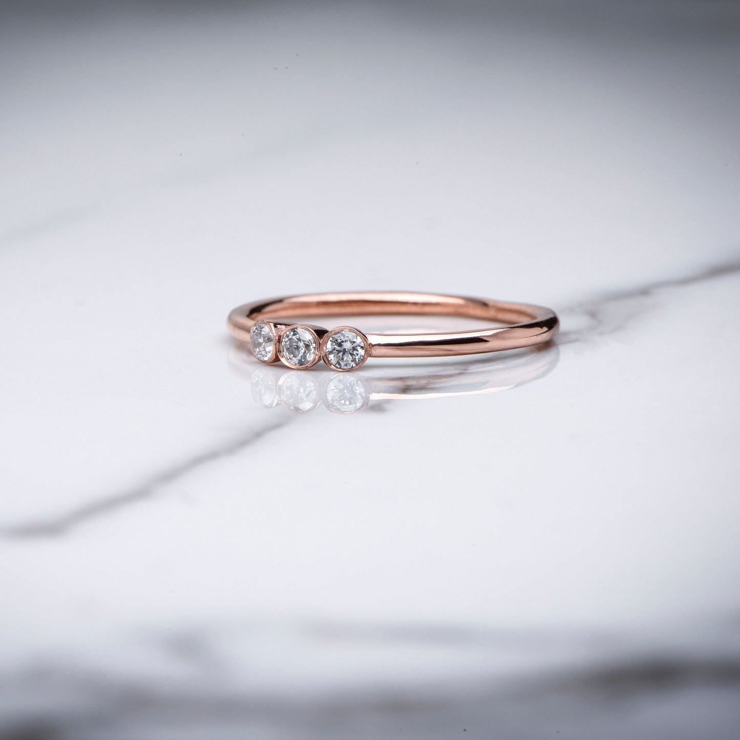 Three Stone Bezel Set Ring in 8K 14K 18K Gold | Customizable Birthstone Diamond Zircon Option | Dainty Trio Ring