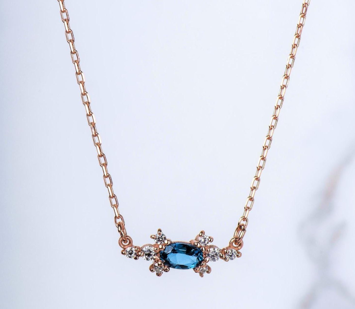 14K Rose Gold Natural Sapphire Necklace with Diamonds - Minimalist Elegant Gift for Her