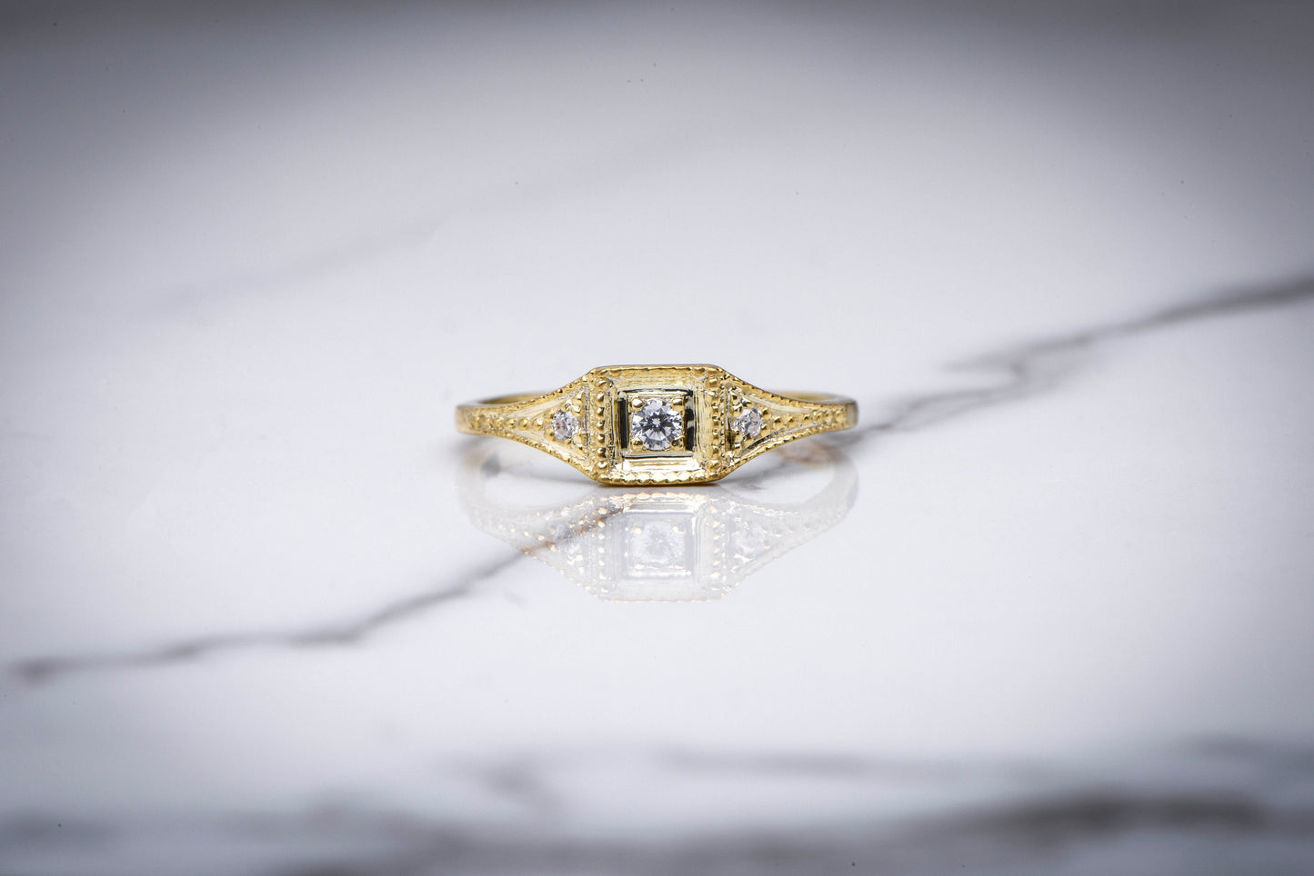 Vintage Style Diamond Engagement Ring in 14K Gold, Square Bezel Set Ring with Accent Stones, Elegant Thin Band Ring