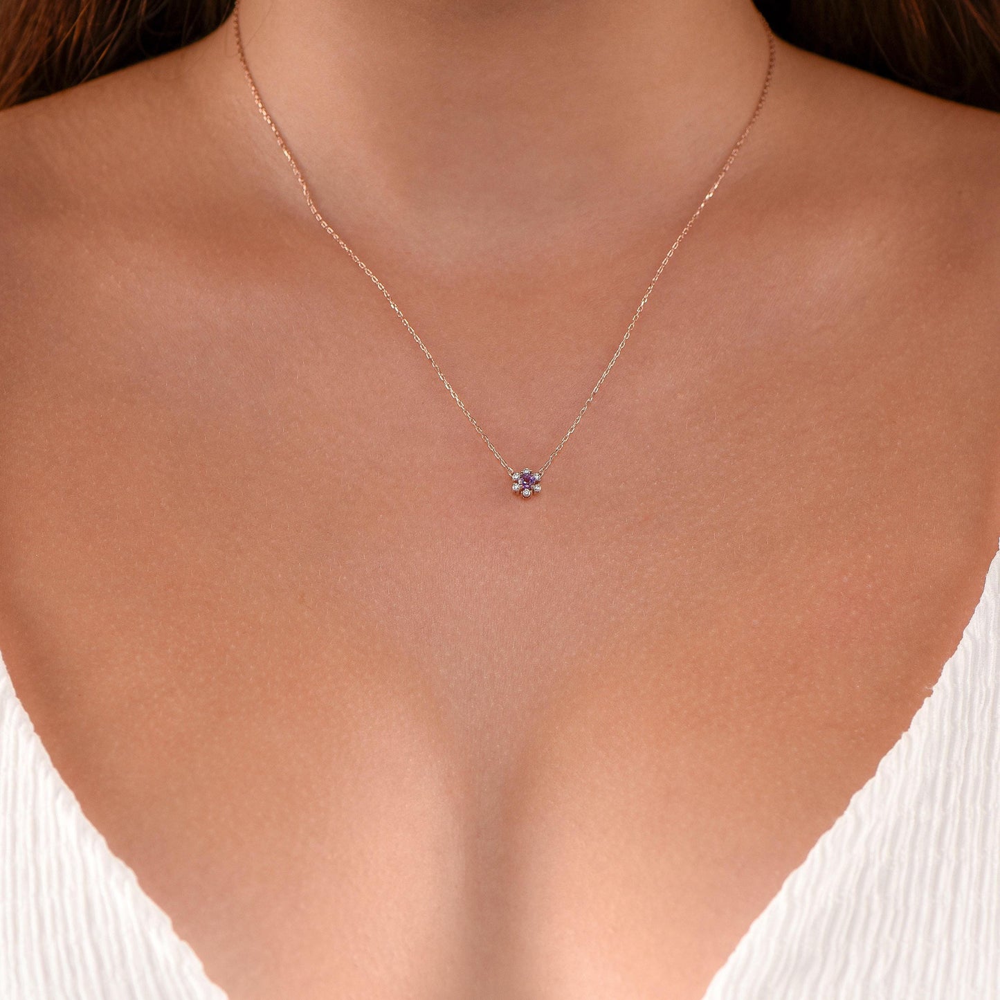 14K Yellow Gold Amethyst and Diamond Flower Necklace - Dainty Purple Gemstone Pendant for Her