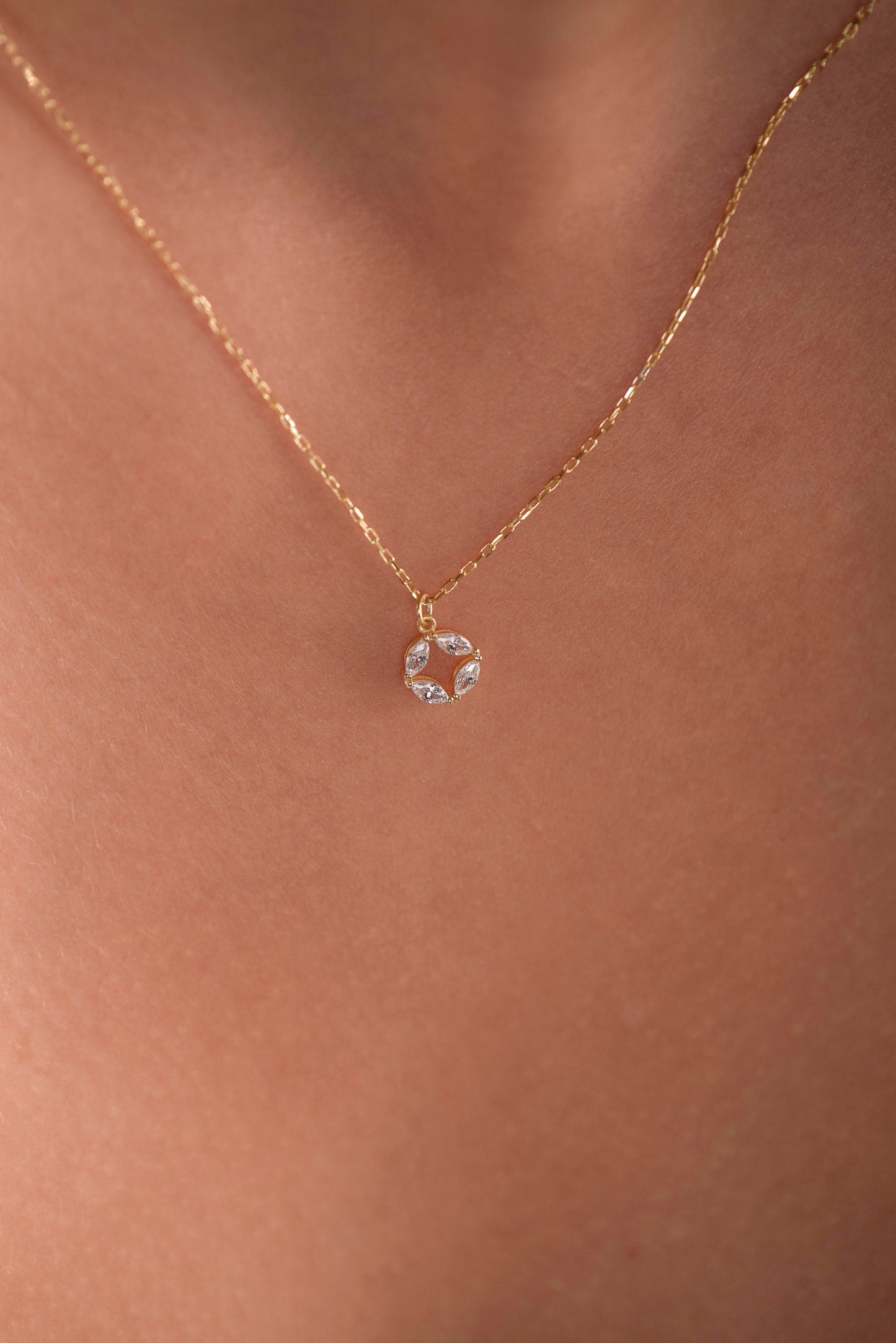14K Yellow Gold White Sapphire Circle Necklace - Marquise Cut Gemstone Pendant for Women