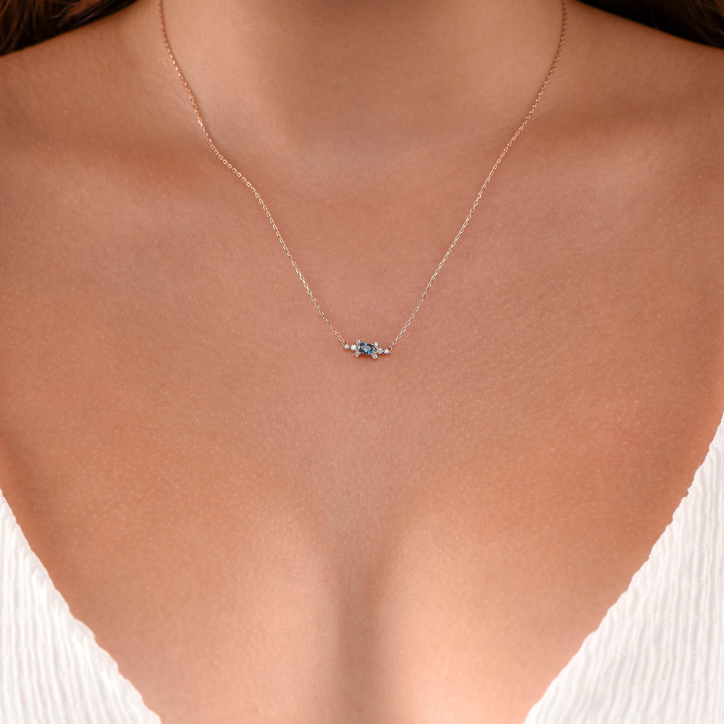14K Rose Gold London Blue Topaz and Diamond Cluster Necklace - Oval Cut Gemstone Pendant for Her