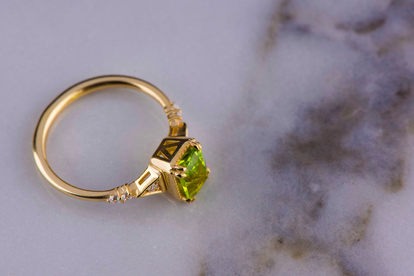 Emerald Cut Peridot and Diamond Ring in 14k Gold – Vintage Engagement or Mother’s Day Gift