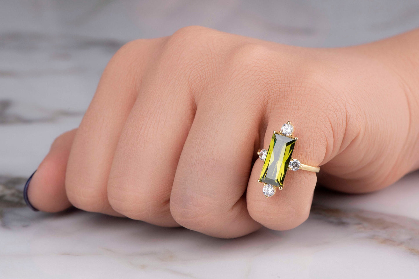 Statement Baguette Peridot and Diamond Ring in 14k Gold – Modern Vintage Engagement or Mother’s Day Gift