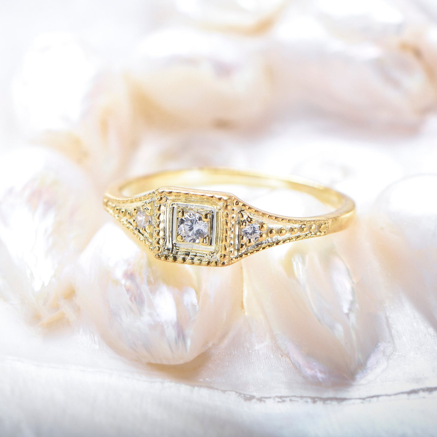 Vintage Style Diamond Engagement Ring in 14K Gold, Square Bezel Set Ring with Accent Stones, Elegant Thin Band Ring