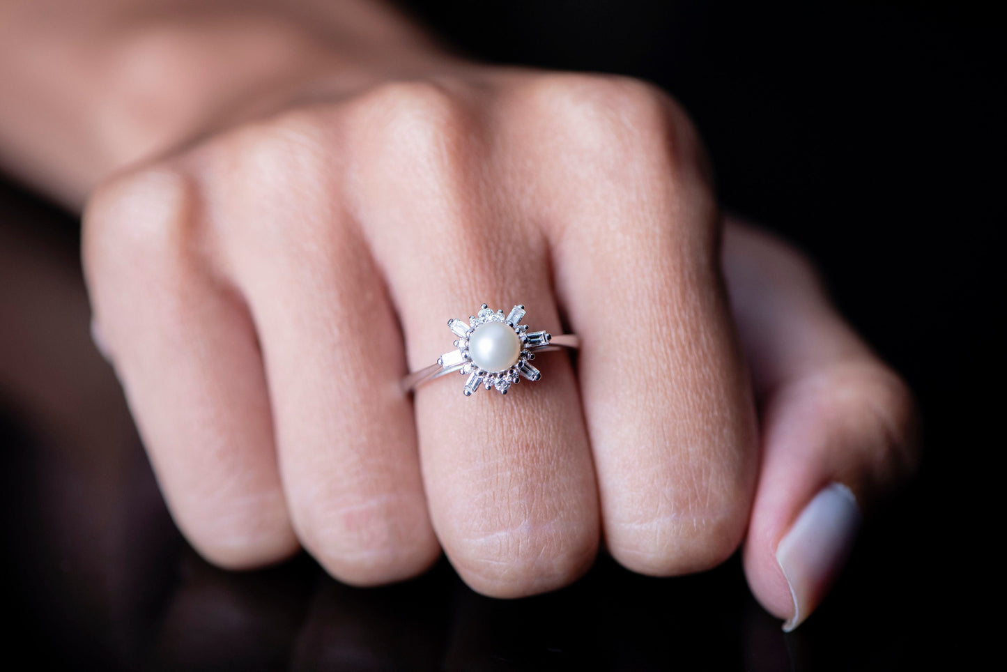 14K Gold Pearl and Diamond Ring with Baguette and Round Cut Stones, Elegant Anniversary or Engagement Ring