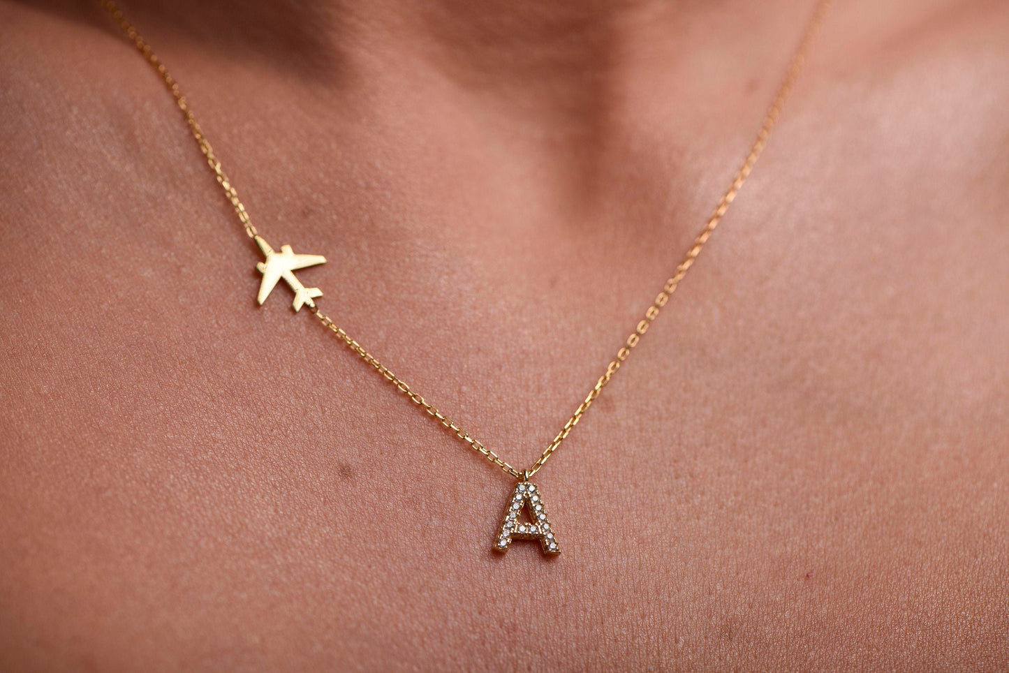 14K Gold Letter Airplane Necklace/Diamond Letter Necklace/Gold Aircraft Necklace/Personalized Letter Necklace/Gift For Mom