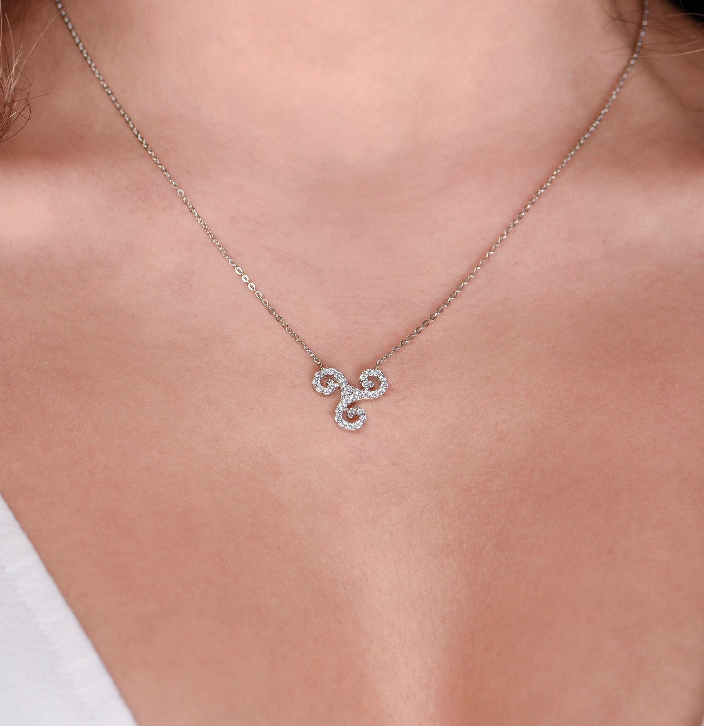 Diamond Triskelion Necklace,Real Gold Triple Spiral Necklace,Triskel Necklace,Birthday Gift,Minimal Diamond Necklace, Gift For Mom