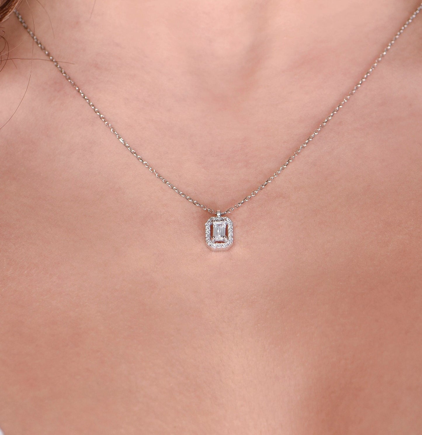 Emerald Cut Diamond Necklace, Baguette Moissanite Halo Pendant,14k Solid White Gold Necklace,Diamond Necklace,Christmas Gift Necklace