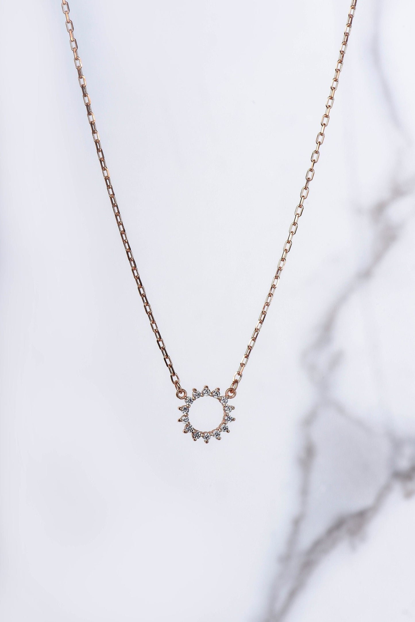 14K Yellow Gold Sunburst Diamond Necklace - Dainty Circle Pendant Gift for Her