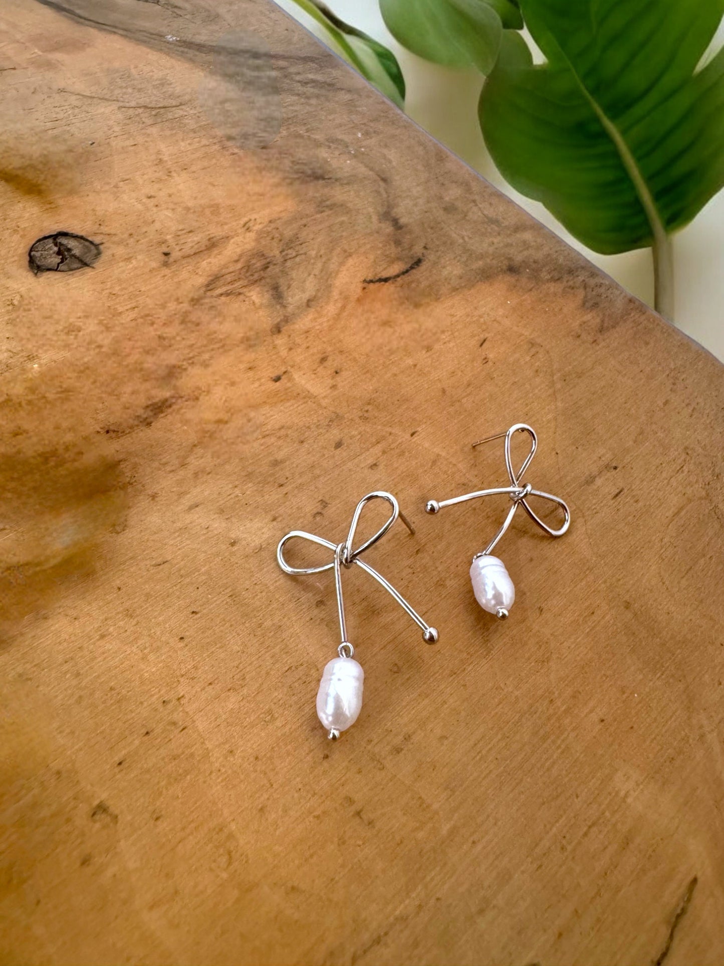 Ribbon Pearl Earrings, Solid Gold Ribbon Pearl Earrings, Pendant Pearl Earrings, Bridal Gift Ribbon Pearl Earrings, Christmas Gift Earrings
