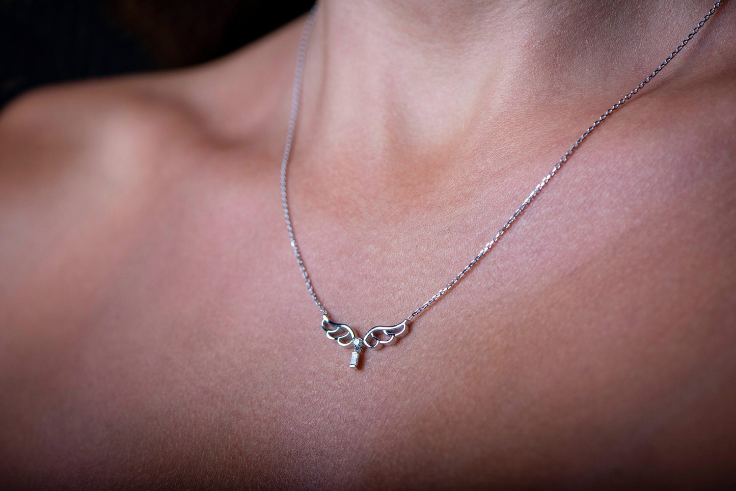 14K Solid Diamond Angel Necklace,Elegant White Solid Gold Angel Wing Necklace,Baguette Diamond Accent, Gift For Mom