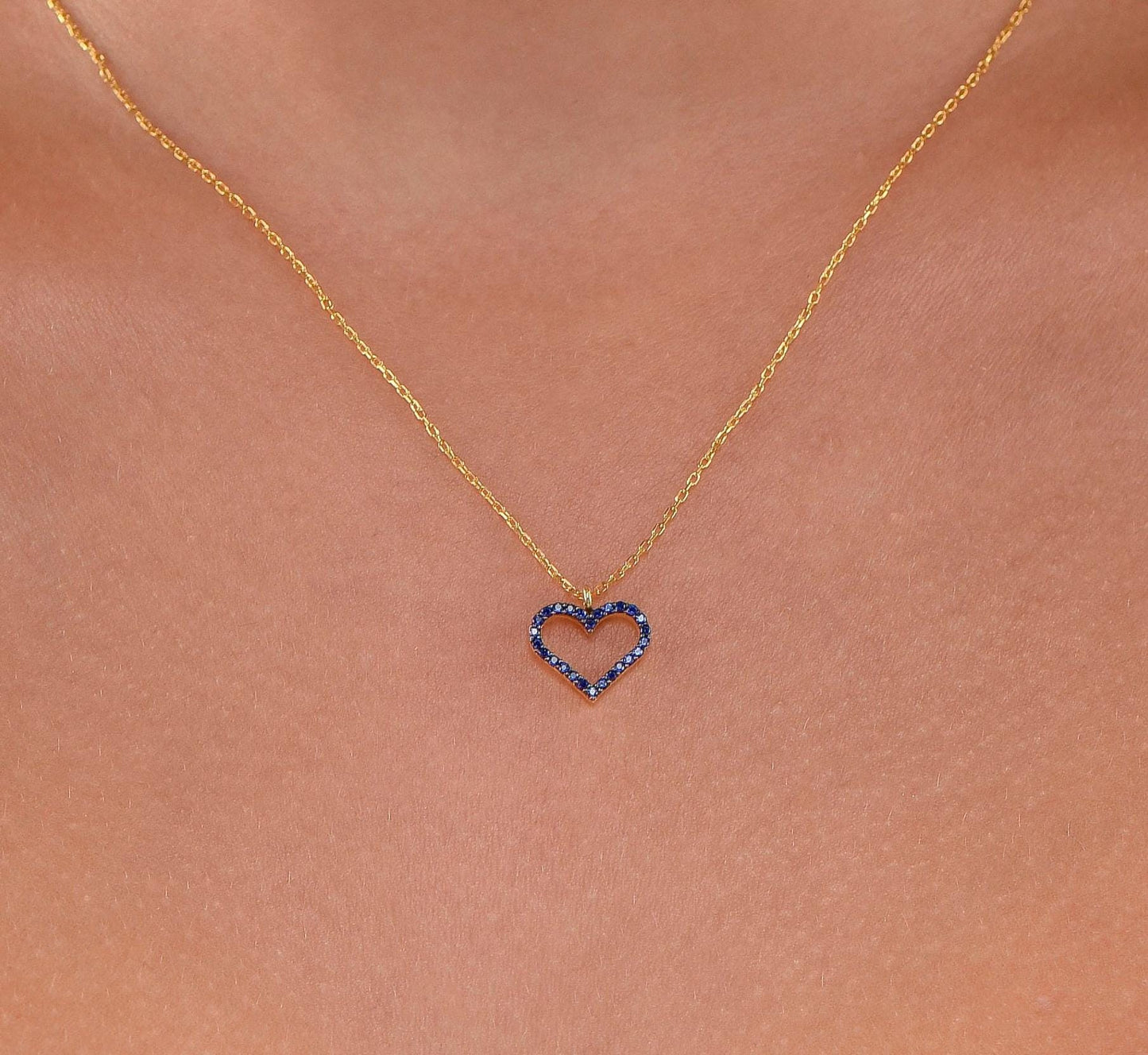 Sapphire Heart Necklace in 14K or 8K Gold - Blue Gemstone Pendant Gift for Her