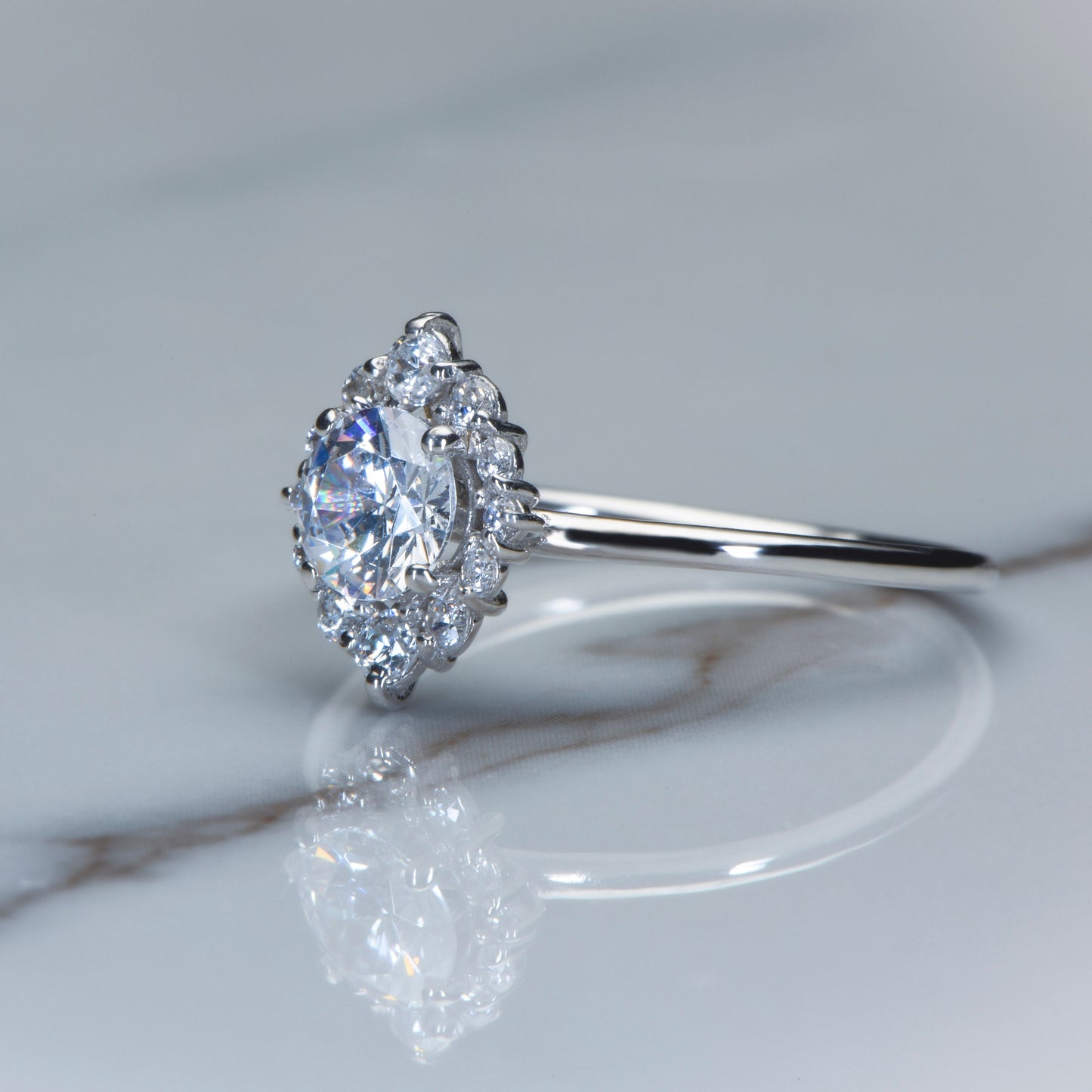 Halo Diamond Engagement Ring – 14K White Gold, 1.10ct, Customizable Stone, Handmade Dainty Ring