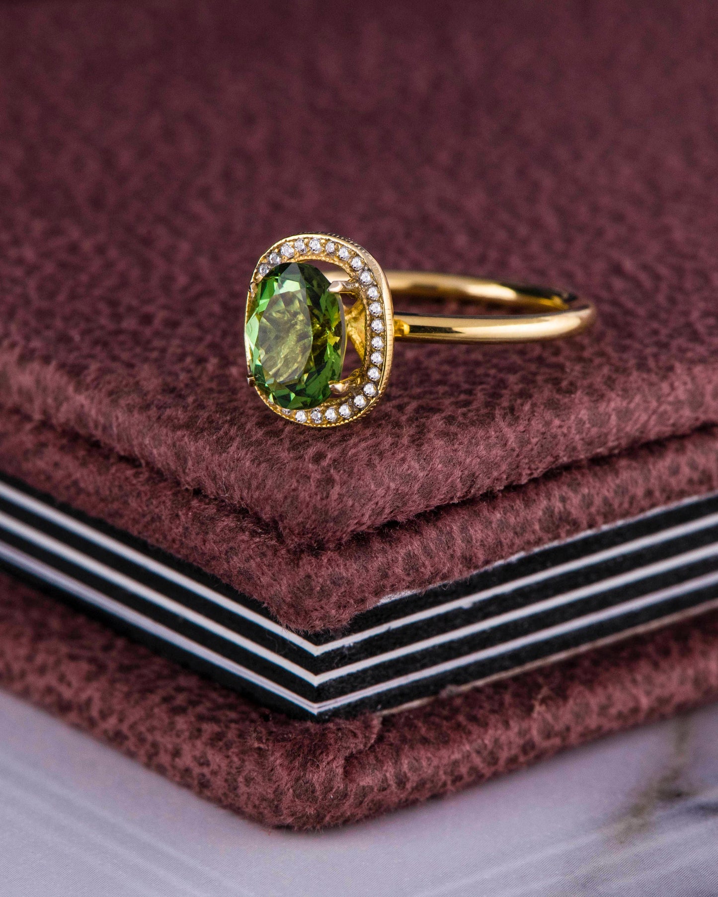 Vintage Oval Cut Peridot and Diamond Ring in 14k Solid Gold – August Birthstone Halo Ring for Her
